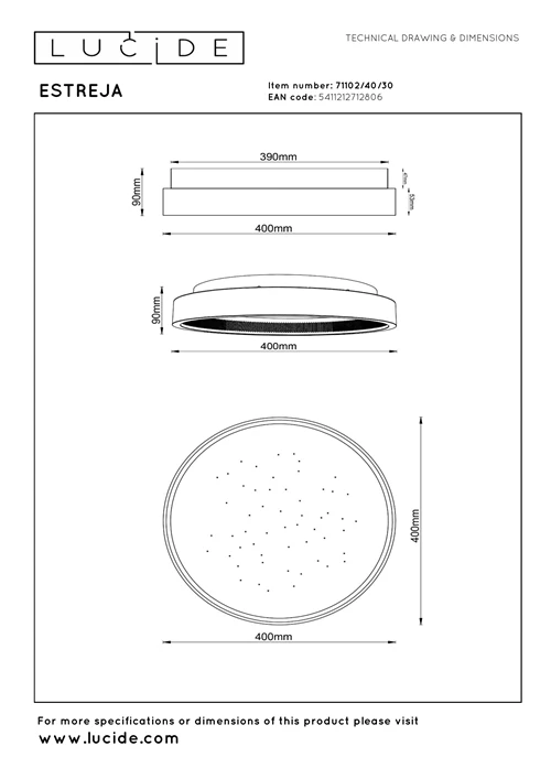Lucide ESTREJA - Plafonnier - Ø 40 cm - LED 3 StepDim - CCT - 2500K/3000K - Noir - technique
